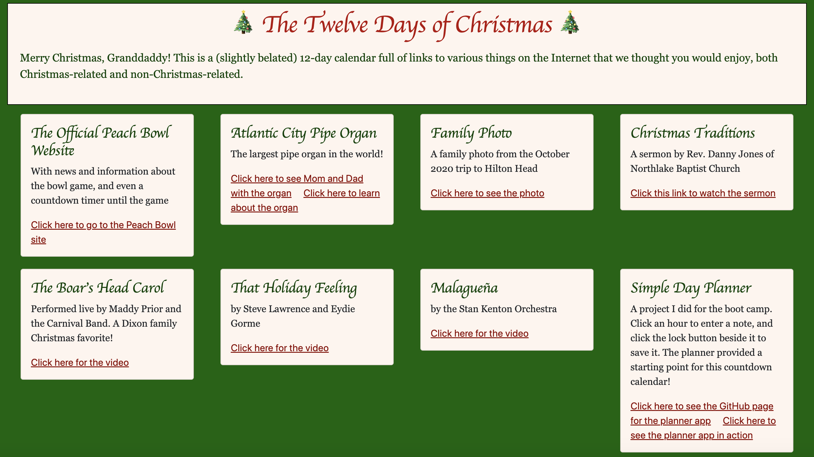 A 12 Days of Christmas countdown calendar