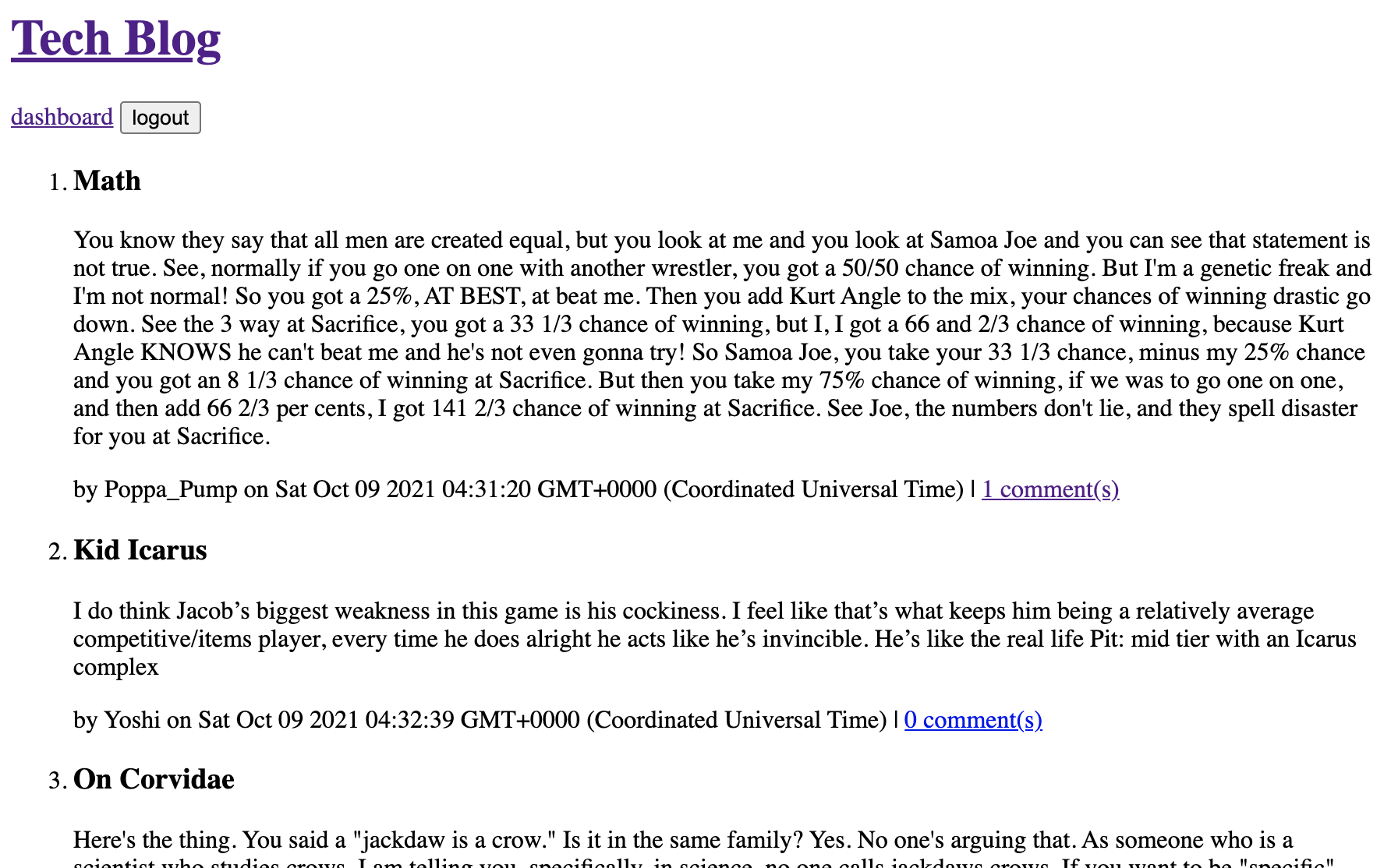 A page full of sample blog posts made of copypasta