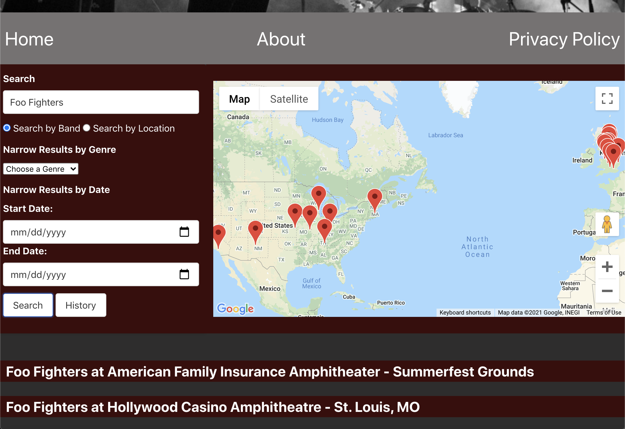 A screenshot of the Live Music Search app searching for Foo Fighters concerts