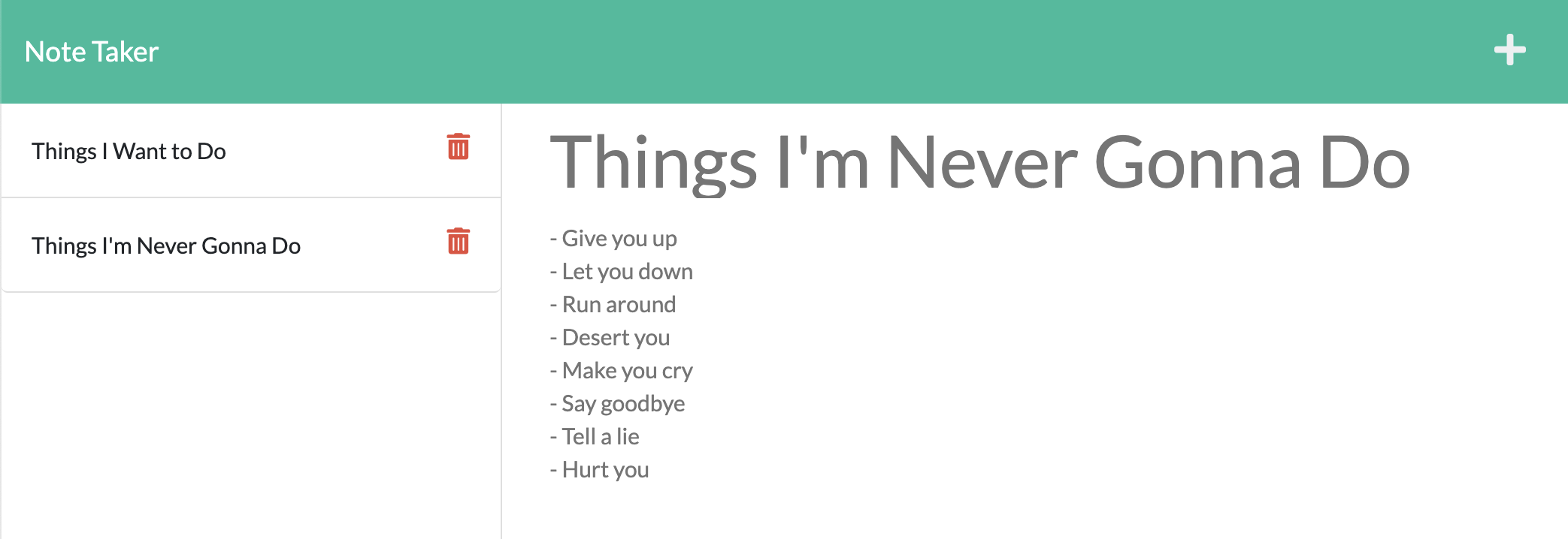 A note that references a song by Rick Astley